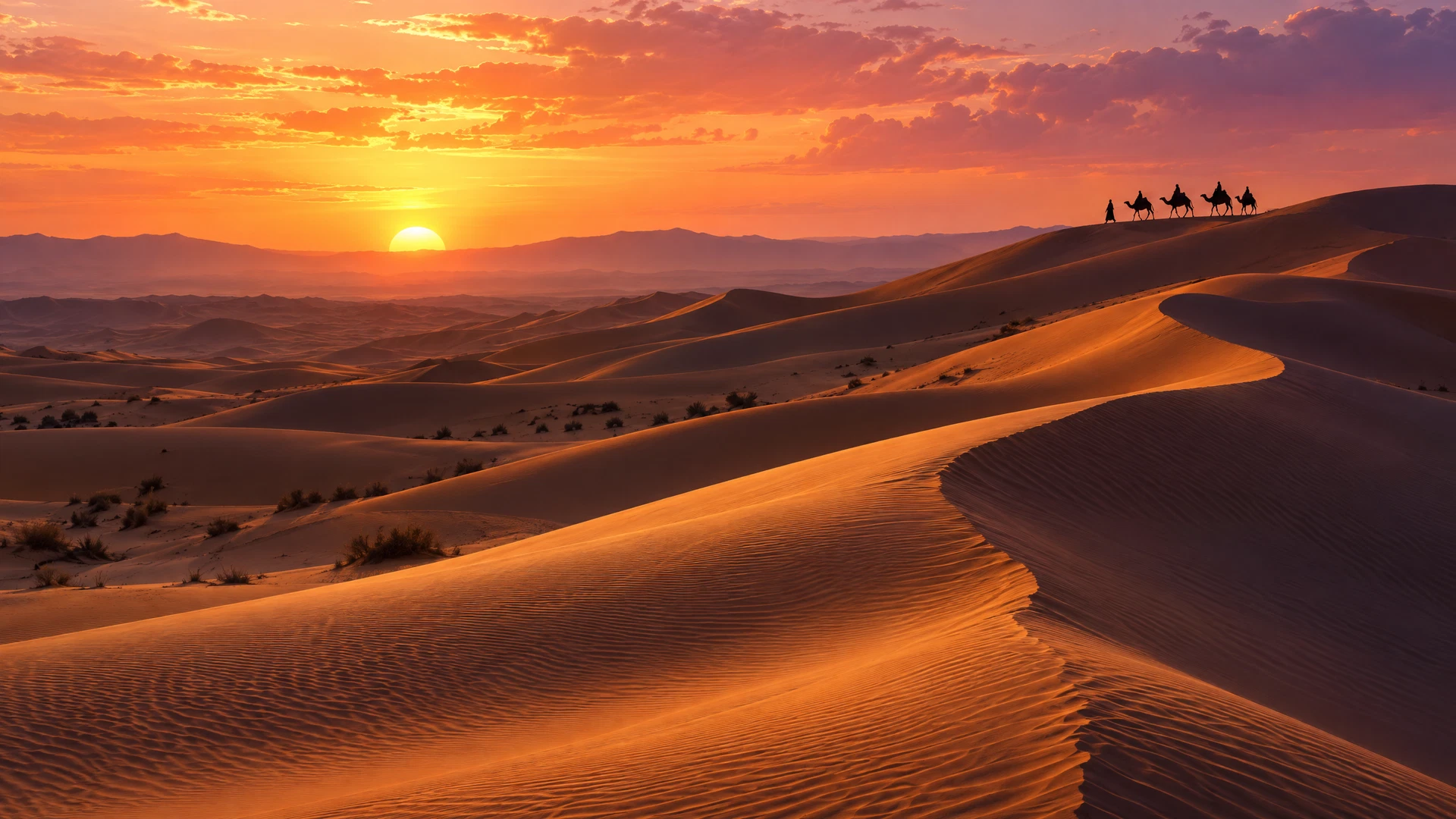 AI-generated illustrative Sahara sunset with copper dunes and a distant camel caravan; not a documentary tour photograph.