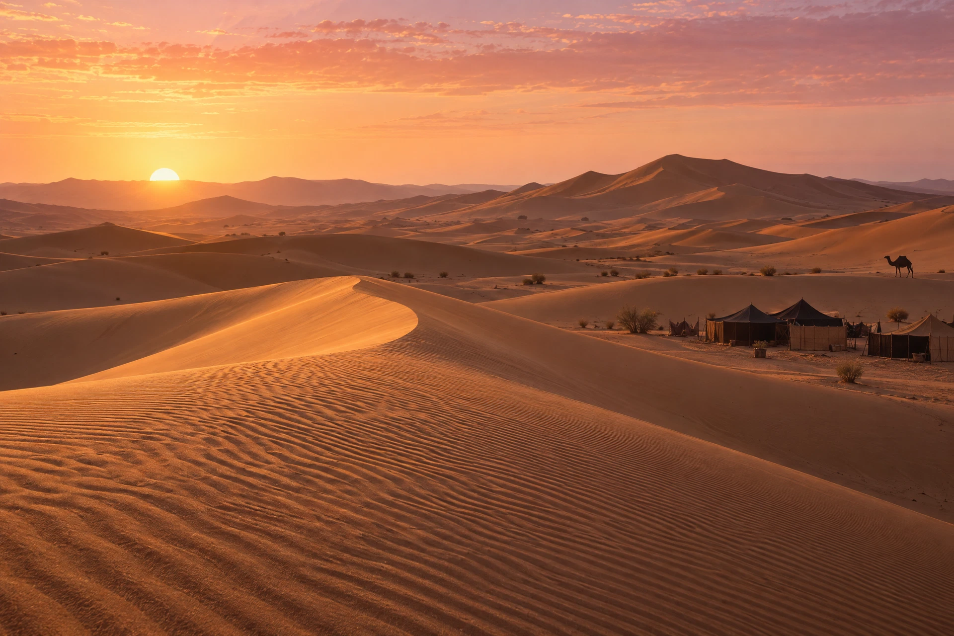 AI-generated illustrative desert sunrise; not a documentary photograph of the Zagora route.