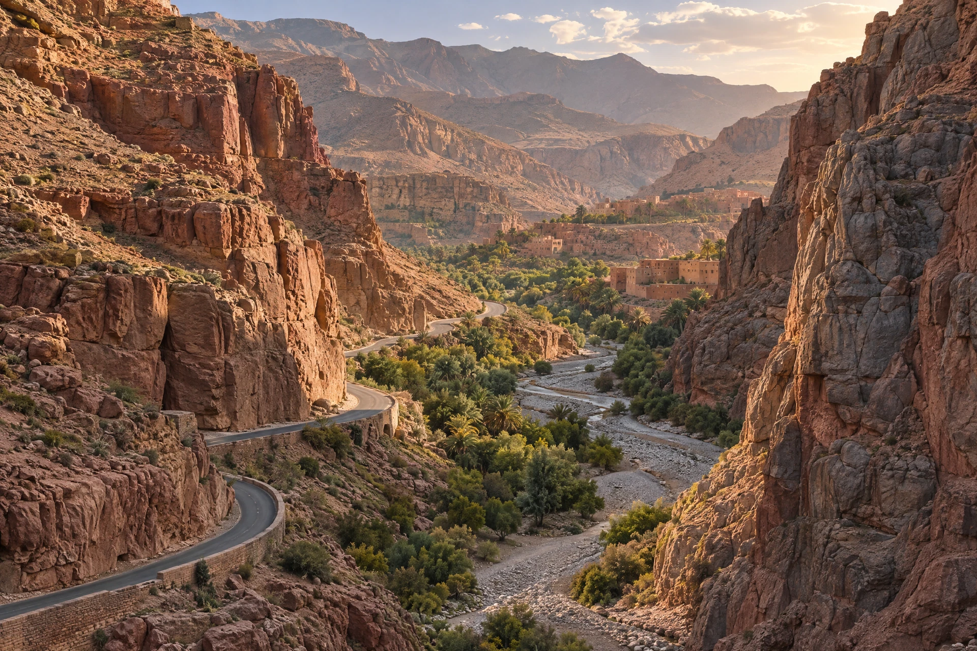 AI-generated illustrative red-rock canyon scene inspired by southern Morocco; not a documentary photograph of Dades Gorge.