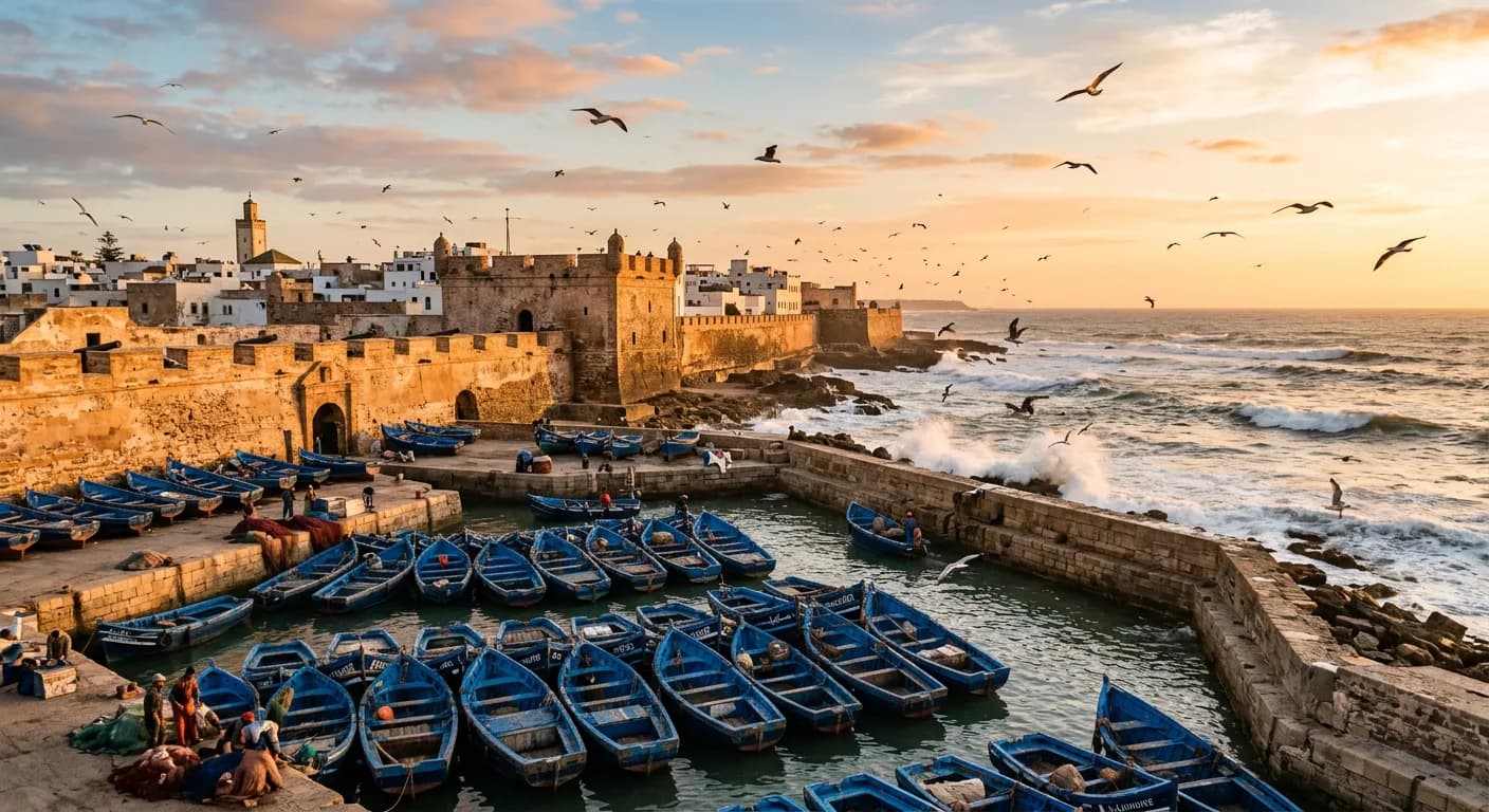 Fishing boats in Essaouira’s harbor beside the Atlantic